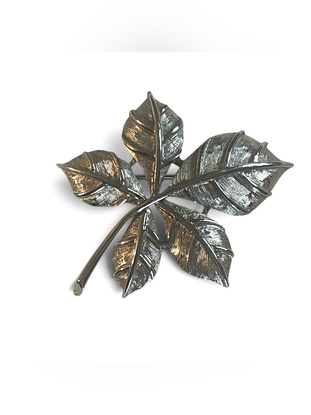 Vintage Coro Brooch Pin Textured Silver Tone Curved Leaf Whimsical Signed 1.75”